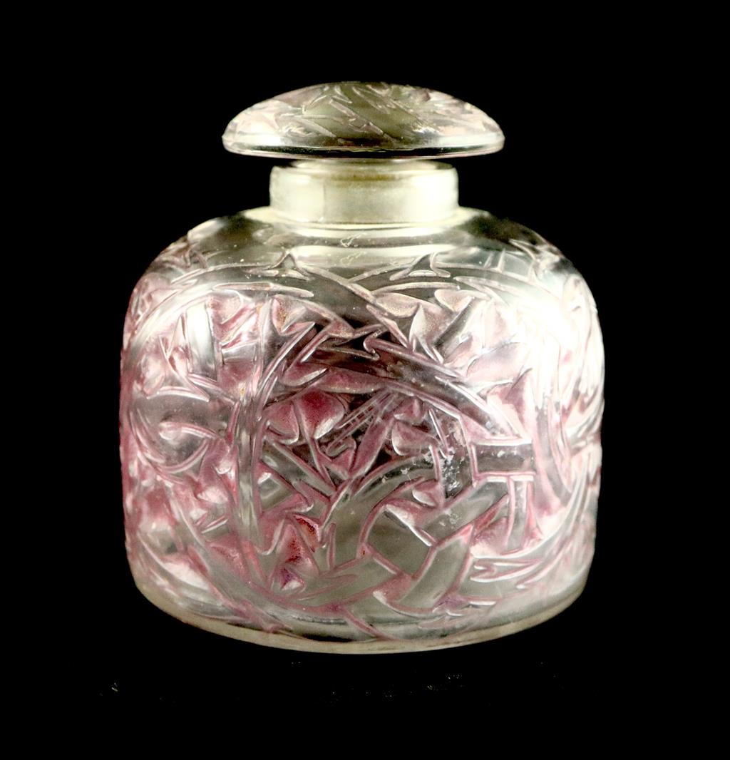 René Lalique. A pre-war amethyst tinted glass Épines pattern flacon, no.1, no.590, designed in 1920, 11.5cm high